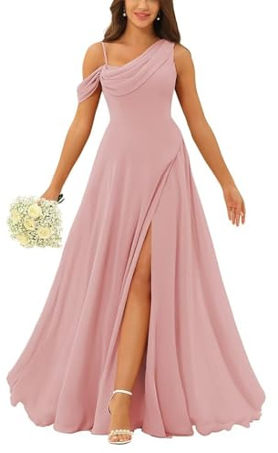 HPPEE Robe de demoiselle d'honneur pour femme avec une épaule dénudée, longue, en mousseline plissée, de coupe droite, robe formelle pour mariage, vieux rose, 48 Grande taille