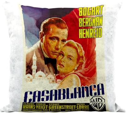 Fabulous Casablanca Kissen, Kunstleder, weiß, altes Filmposter, Retro, Kinoposter, Vintage, 1–40 x 40 cm, Leder-Haptik, inkl. Kissenbezug und Kissen