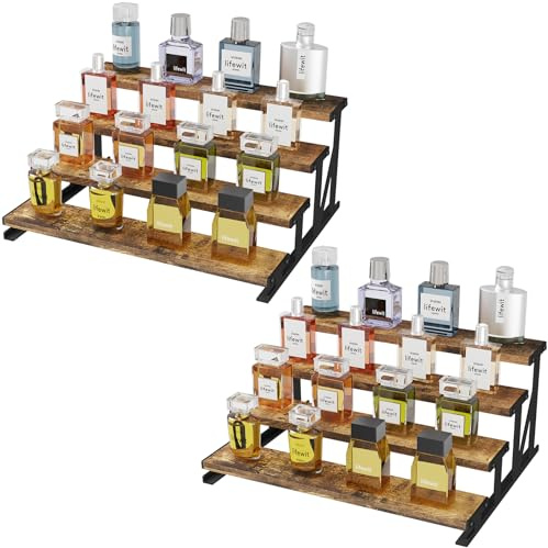 Lifewit Porta Profumi in Legno, Espositore Profumi con Supporto in Metallo, Espositori a Scaletta per Bagno, Camera, Salotto, Marrone Rustico, 4 Livelli, 2 Confezione, 35 cm
