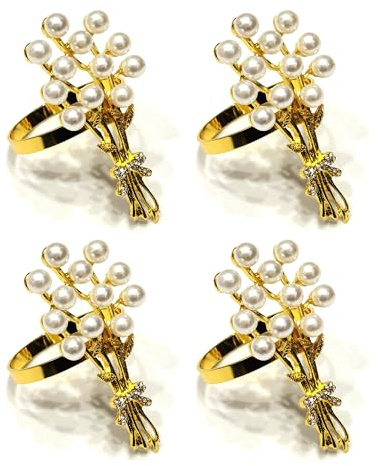 Climple Serviettenringe Set von 4 – Perlenstrauß Serviettenringe Gold Halter Schnallen für Saint Valentinstag, Muttertag, Bankett, Hochzeitsfeier, Fest, Urlaub, Thanksgiving Tischdekorationen