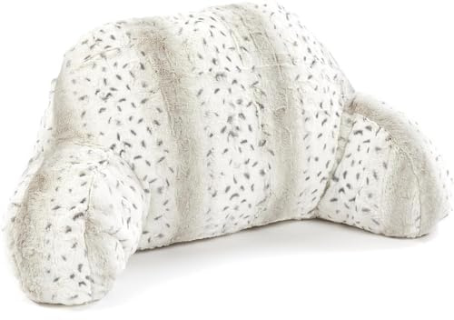 Downland Huggleland Reading Pillow with Arms - Soft Teddy Fleece Cuddle Cushion for Adults, Backrest Support Pillow for Bed, Chair & Armchair Reading Cushion (Snow Leopard) - 45H x 39D x 89W cm