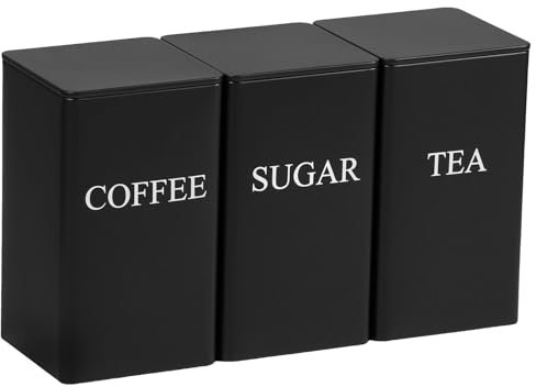 HAIJED Juego de 3 botes de té, café, azúcar, recipientes de metal para café y azúcar con tapas herméticas y marcador de nombre, tarros de almacenamiento versátiles de cocina para la cocina del hogar