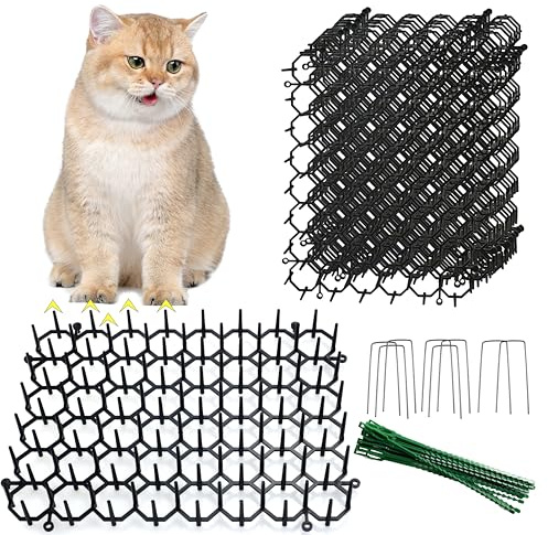 KOKMEYA Alfombrillas Antigatos con Pinchos (Pack de 12, 20x15cm) - Repelente con 8 Estacas y 20 Bridas - Malla para Jardín, Sofá y Plantas - Barrera Interior/Exterior