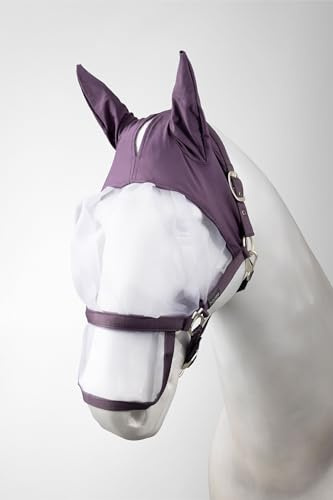 Horze Paso Fino Pferde Halfter mit Integrierter Fliegenmaske – Robustes Halfter mit UV-Schutz, Ohren- & Augenschutz, Dunkellila, XF