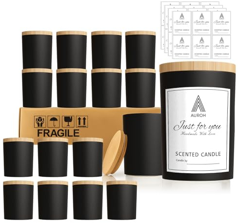 Auroh Paquete de 15 tarros de cristal para velas con tapas de bambú, recipientes negros de 7 onzas para hacer velas, suministros ideales para hacer velas para profesionales y aficionados