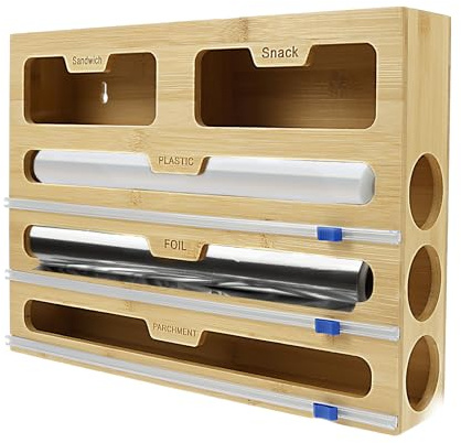 Sutowe 5 en 1 Distributeur Papier Aluminium et Film, Dérouleur Film Alimentaire avec Coupe, Distributeur D'organisateur d'emballage en Bois pour Tiroir de Cuisine