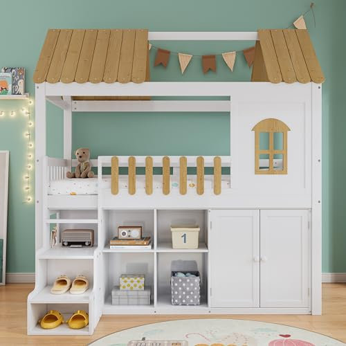 Seyakany Lit Mezzanine 1 Place avec Armoire et échelle de Rangement,lit cabane Enfants 90x200 avec fenêtre et Garde-Corps,Cadre de lit Enfant en pin,Blanc + Naturel