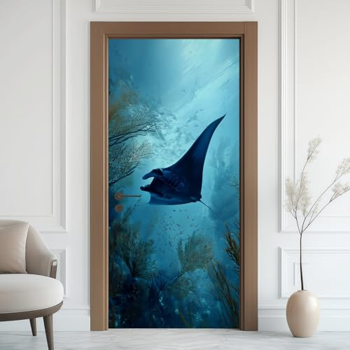 Meer Fisch Türaufkleber, Tiefsee Türfolie Selbstklebende Fototapete, Grün Pflanze Türposter Abnehmbar Türfolie PVC Für Tür Schlafzimmer Badezimmer Türaufkleber 100x200 cm