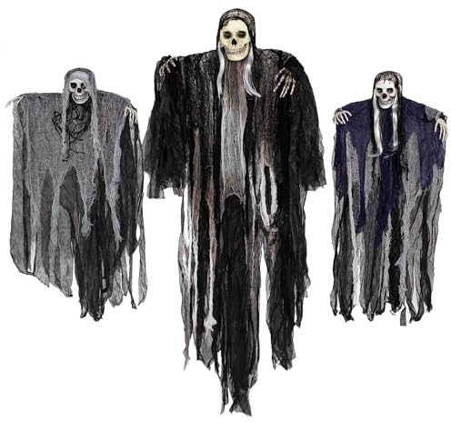 MOMAHUA 3 Pezzi Decorazioni Halloween Scheletro Gigante Appesi da Esterno,Porta d'Ingresso Fantasma per Giardino,Fantasmi Volanti,Teschio Spaventoso per Decorazioni Spaventose (1x135cm,2x90cm)
