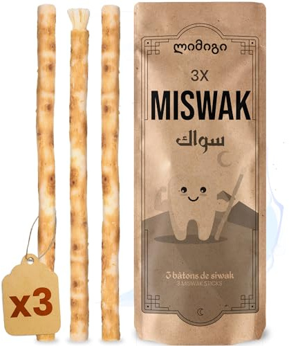 MODOGO Siwak x3, Bâton de Miswak en Bois d'Araq (Salvadora Persica), Brosse à Dents Naturelle, Nettoyante, Désinfectante, Blanchissante, Écologique, Biodégradable et Végan