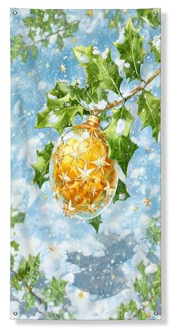 Decorazione natalizia per porta, decorazione dorata e foglie di agrifoglio, decorazione per interni ed esterni, forniture per vacanze invernali 91 x 183 cm