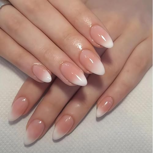 Zosutetoxo 28 pezzi Unghie finte a mandorla corta da incollare Rosa Bianco Sfumato Unghie artificiali autoadesive in 15 taglie Set decorazione unghie