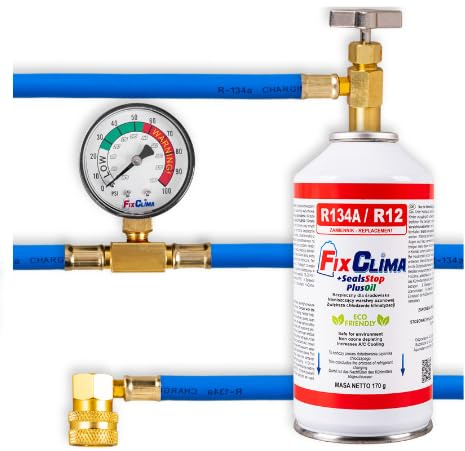 FixClima R134a/R12 3-in-1 Kältemittel Profi-Nachfüllset – Ersatzgas, Öl & Dichtmittel für Auto-Klima mit Manometer & robustem Kupferschlauch – einfache Anwendung, verbesserte Kühlleistung, umweltfreun