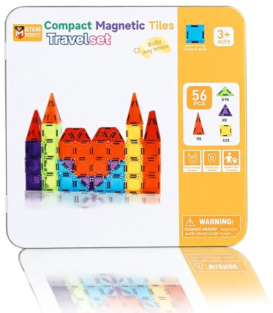 MEESHEEP Mini magnetiska byggstenar, 56-delat reseset med metalllåda, leksak för bil, flygplan och resor, present till barn från 3 år