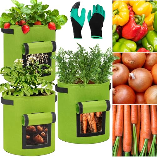 Powmag Kartoffel Pflanzsack, 3 Stück 40L Pflanzsäcke, Vliesstoff Pflanzsack, Pflanzgefäß Pflanzbeutel für Balkon Terrasse und Garten mit Gartenhandschuhe (Grün (10 Gallonen))