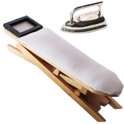 Uonlytech Mini Mesa de Planchar y Plancha de Juguete para Casa de Muñecas, 2 Piezas, Microescena Decorativa de Aleación y Madera en Color Plateado, Accesorio Decoración de Muebles