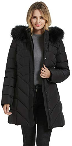 BINACL Women's Fashion Hoodie Thickened Black Jacket, Down Alternative Spring Gift Parka Puffer Cotton Padding Outwear Climbing Long Sleeve Jacket with Fur Hood Great with Sweaters(Black,XL)