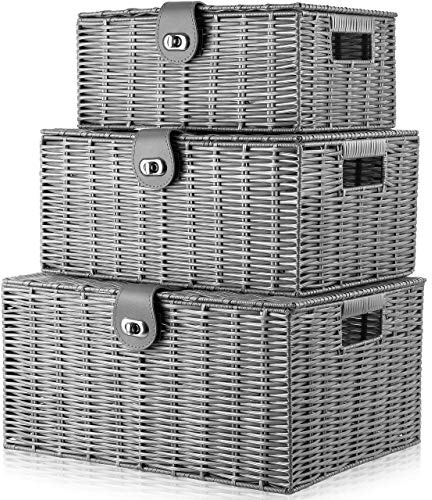 ARPAN Set of 3 Resin Woven Storage Basket Box With Lid & Lock Grey, Large, Medium, Small
