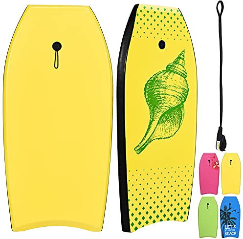 RELAX4LIFE Schwimmbrett tragbar, Schwimmboard mit Halteleine, Rutschfestes Surfbrett für Kinder & Erwachsene, Surfboard bis 85 kg belastbar, Bodyboard Shortboard, 104x52x6 cm, XPE HDPE (Zitronengelb)