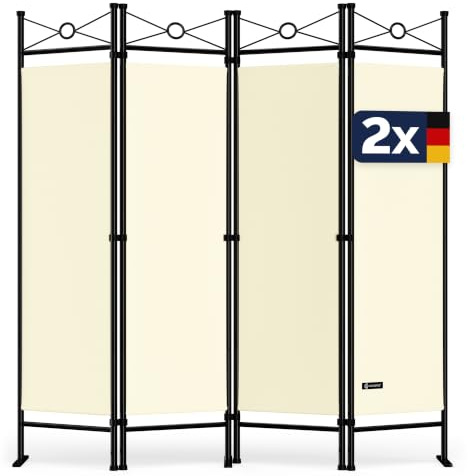 DEUBA® 2er Set Trennwand 180x160cm 4 teilig Blickdicht Freistehend Faltbar Stabil Wohnzimmer Schlafzimmer Büro Raumteiler Spanische Wand Paravent Creme