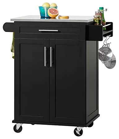 SoBuy Servierwagen mit Rollen Küchenwagen mit Arbeitsplatte Rollwagen Küche Servierwagen Outdoor Küchenregal Regal Küche Arbeitsplatte Küche 66×91×46 cm Schwarz FKW110‑SCH