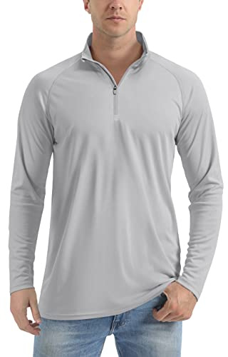 TACVASEN Herren UPF 50+ UV Shirt Sonnenschutz Langarm T-Shirt Stehkragen Outdoor Wandershirt Surf Laufen Angeln, Hellgrau, XL