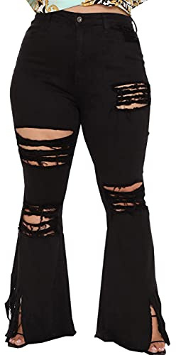 BessCops Womens Plus Size Bell Bottom Jeans Ripped Elastic Waist Flared Jean Pants
