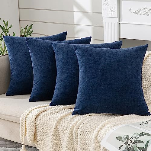 GAWAMAY Decorative Square Throw Pillow Covers 18x18 Inch Set of 4, Super Soft Chenille Pillows Farmhouse Fall Pillowcase for Living Room Bedroom Sofa Couch Cushion Cover Navy Blue 45x45cm