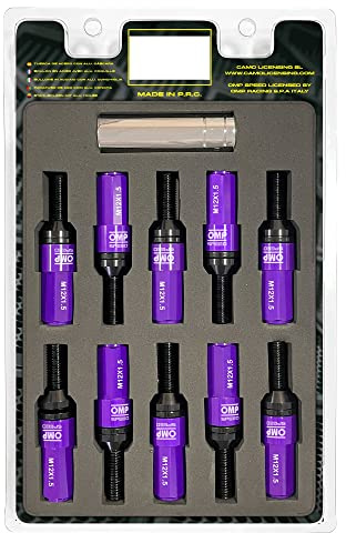 OMP SPEED Set 20 schwarze Radschrauben mit M12X1,5 metrisch 17-19 lang 28MM Gewindeschlüssel mit lila Aluminiumschutz 7075 + DIN 12,9