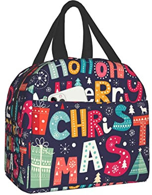 XVBCDFG Christmas with merry Lunch Box, Bento Box Loncheras con aislamiento Bolsa de almuerzo impermeable reutilizable con bolsillo frontal para oficina Picn