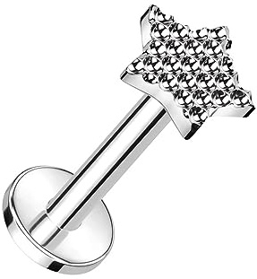 Paula & Fritz® Labret Piercing Stern Silber Titan-IUM Grade 23 1,2-mm Stab-Dicke 6-mm Stab-Länge Innen-Gewinde 4-mm Sockel Madonna Medusa Ohr-Piercing