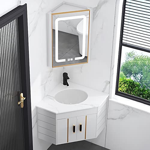 KUMIAO Eck-Badezimmer-Waschtisch-Kombination mit Anti-Beschlag-LED-Spiegel – Komplett-Set für kleinen Raum – Wandschrank – perfekt für Zuhause, Küche, Terrasse, Zimmer