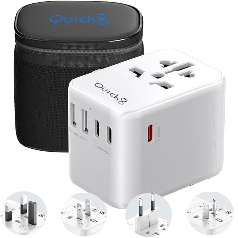 QuickX 35W Universal Travel Adapter, Fast Charger USB-C PD, 2 USB-A & 3 Type-C Ports, Dual 10A Fuses, Surge Protection - International Plug Adaptor for UK, EU, US, AU - Works in 180+ Countries.