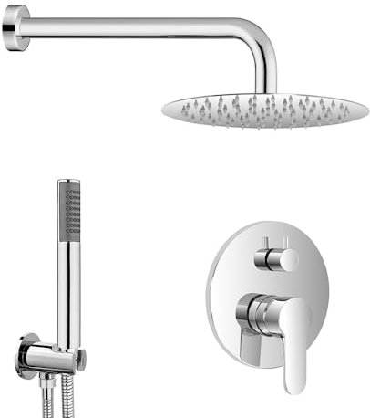 Set doccia a incasso con deviatore in ottone, braccio 35 cm, soffione tondo 20 cm in acciaio inox e kit doccia completo, ZOE