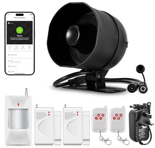 WiFi Security Burglar Door Alarm System Kit for Garage Shed House Hotel Shop Apartment, Weatherproof Siren Horn with Remote Control Door Contact Sensor,Motion Sensor,Loud Up to 120db