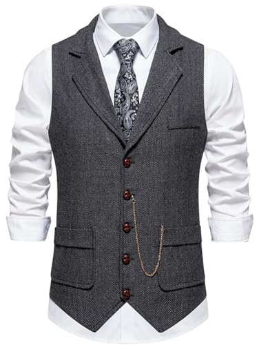 maxToonrain Classic Mens Tweed Suit Vest Casual Sleeveless Jacket Herringbone Waistcoat for Tuxedos (Classic Black, Medium
