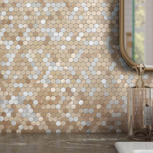 M MOFIT Peel and Stick Backsplash Penny Hexagon Tile,Metal Mosaic Self Adhesive Wall Tile Stickers(Brown,10 Sheets)