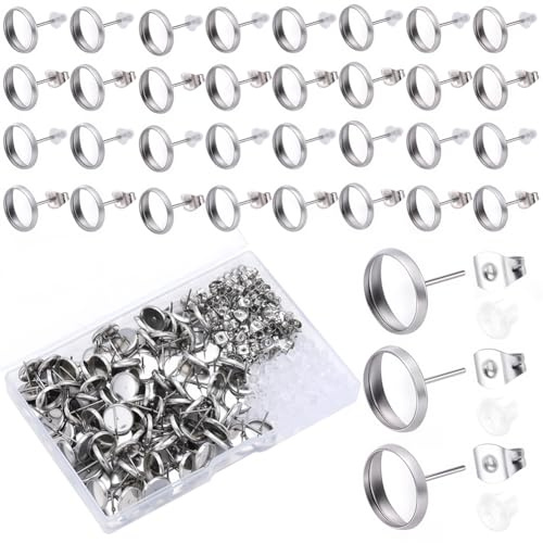 SOFPLATE 1 Box 300 Stück 10mm Ohrstecker Rohlinge Cabochon Hypoallergen Edelstahl Flache Runde Mit Ohrmutter Silberne Für Schmuckherstellung Zubehör Zum Selbermachen