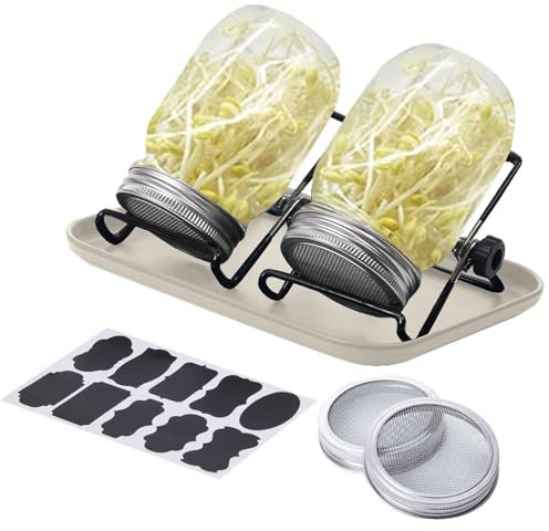 BommFu Sprossenglas Keimglas 2er Set | 1 Wasserschale 2 Filtergitterabdeckungen aus Edelstahl 304 und 2 Ständer - Anzuchtset Für Köstliche Frische Sojasprossen, Setzlinge, Micro-Greens