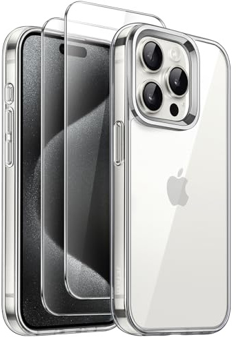 JETech 3 in 1 Cover per iPhone 15 Pro 6,1 Pollici con Pacco da 2 Vetro Temperato Pellicola Protettiva, Anti Ingiallimento Antiurto Paraurti Cellulare Custodia (Trasparente)