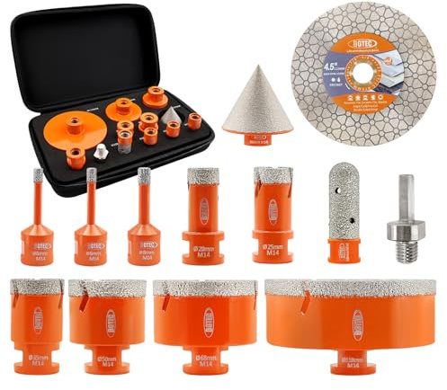 BGTEC Diamond Hole Saw Tile Cutter,M14 Thread 12pcs 6/6/8/20/25/35/50/68/110mm drill Bits+20mm Milling Finger Bit+50mm Chamfer Bit+115MM Diamond dics for Porcelain Tile Ceramic Tile Marble Granite