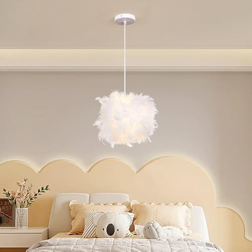 CRFASIBE Moderne Pendelleuchte mit Weiß Feder Lampenschirm, Verträumte Pendelleuchte Esstisch, E27 Weißes Licht Sphärische Hängelampe für Wohnzimmer Schlafzimmer Küche
