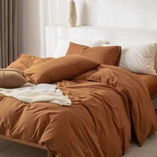Freyamy Baumwolle Bettwäsche 135x200cm 2teilig Karamell Baumwolle Renforce Bettwäsche Set Unifarben Leinenoptik Deckenbezug Uni Elegant Bettbezug mit Reißverschluss und Kissenbezug 80x80cm