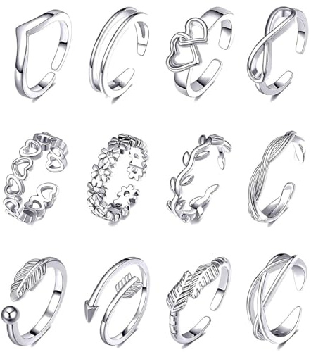 GXGM Anillos para el pie para Mujer, Juego de 12 Anillos para el pie Ajustable de Plata Simple