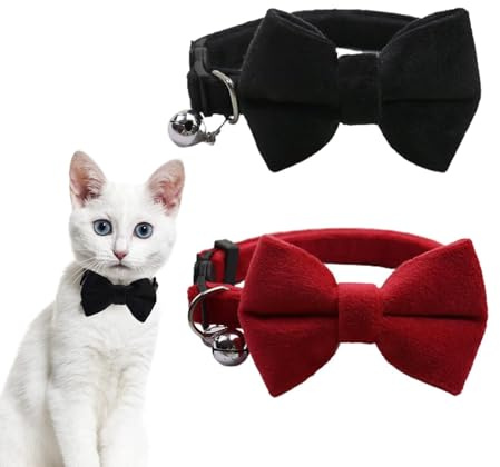 DHWEKU 2 Collari per Gatti in Velluto con Campana e Papillon, Regolabili per Gatti Separati, Gattino Piccolo, Cucciolo di Sicurezza, Papillon Solido Colore Rosso Matt