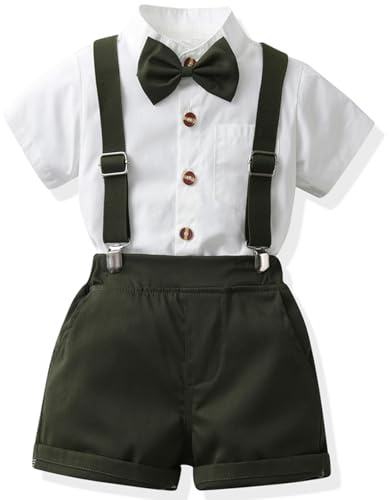Yaopelky Toddler Formal Outfit Kid Gentleman Short Sleeve Shirt Bowtie Boy Suspender Shorts Wedding Suit Boys Outfits (Army Green, 1-2T)