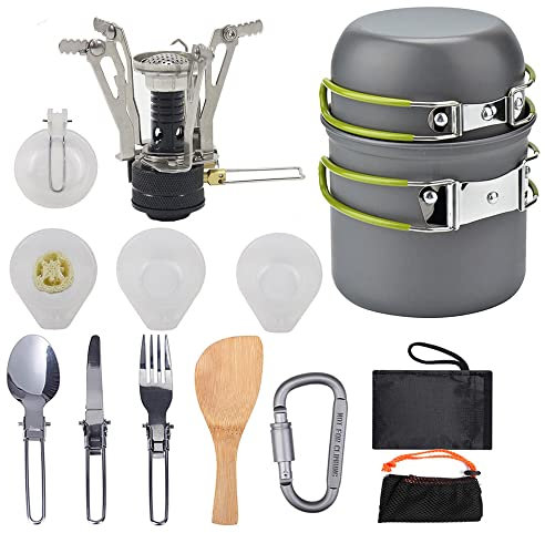 Dreamhigh® Set de Ollas de Camping Ligero, 14 Piezas de Utensilios de Cocina, Kit Camping con Hornillo Plegable, Sartén Camping y Accesorios para Picnic y Excursiones al Aire Libre