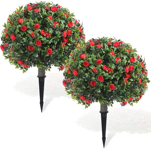 Yunlly Set of 2 Artificial Boxwood Topiary Ball Tree Fake Bushes Shrubs Outdoor Faux Plant with Ground Spike Flowers UV Resistance Greenery for Front Porch Garden Patio Indoor(Red,18x10inch)