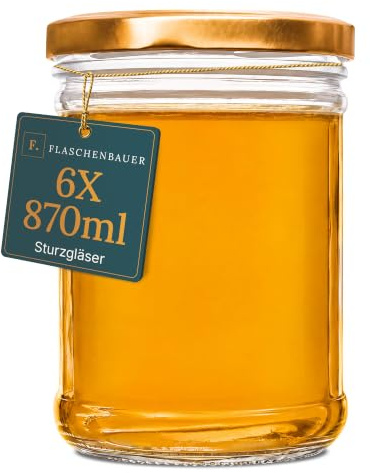 Flaschenbauer - 6x Sturzgläser 870ml - Einmachgläser mit TO100 Deckel, Marmeladengläser, Schraubgläser, Einmachglas, Aufbewahrung von Gewürze uvm, Twist-Off-Deckel - Made in Germany (Kupfer)