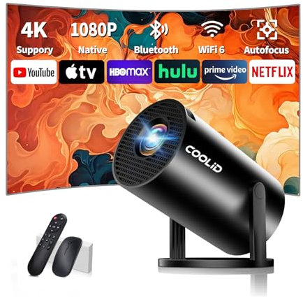 Mini Proiettore 1080P HD,Proiettore Portatile con WiFi 6 BT 5.4,Videoproiettore con Messa Fuoco Automatica e Correzione Automatica Del Trapezzo,Applicabile Chiavetta TV/USB/Laptop, con Mouse Nero
